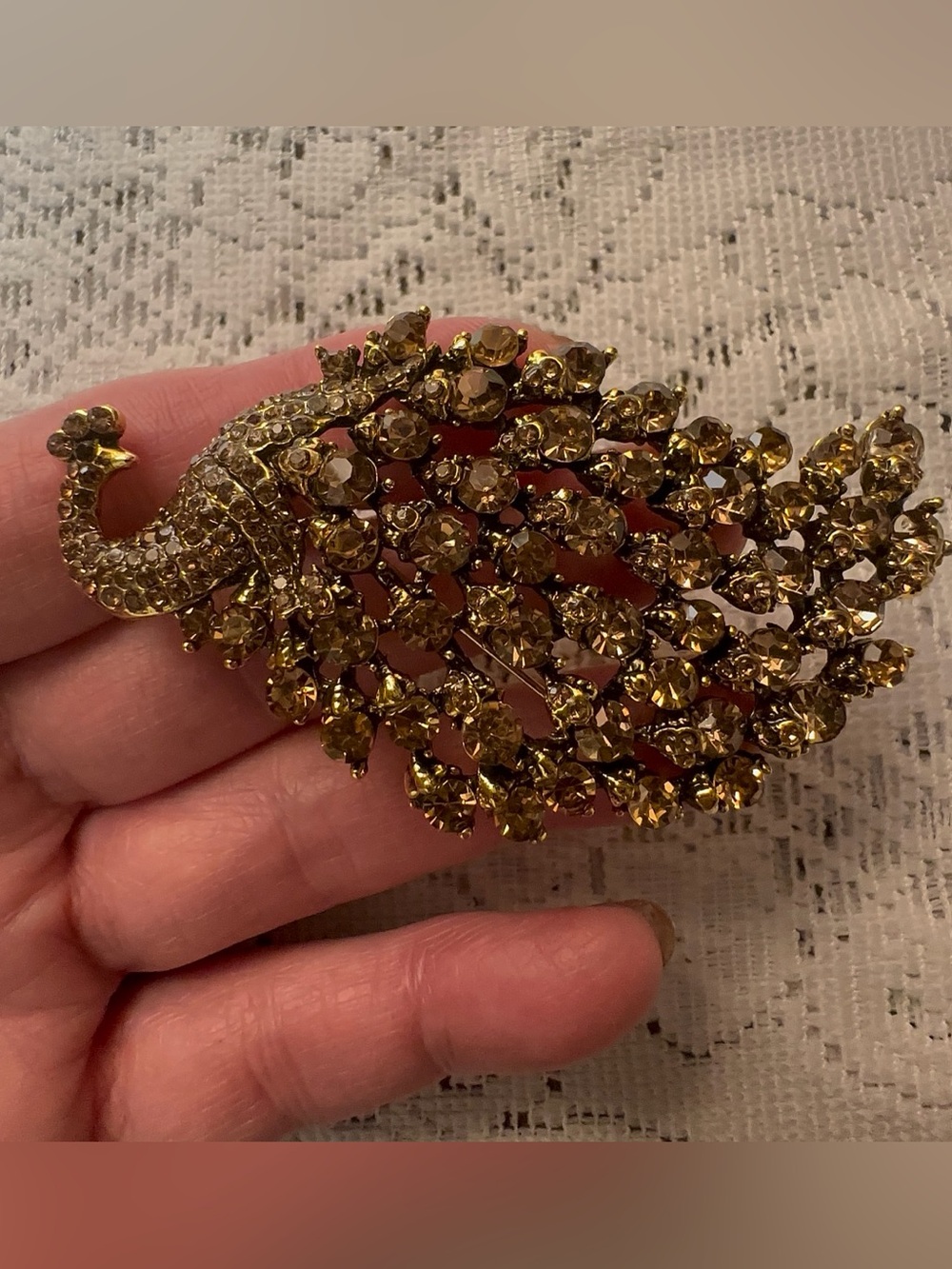 Gold Crystal Peacock 3” Brooch
